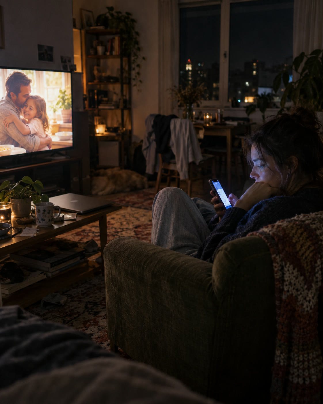 A woman in France curled up in an armchair, scrolling her phone and ignoring the ad on her TV
