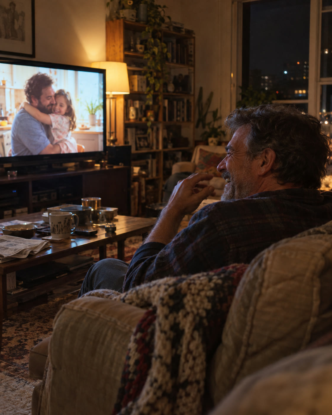 A man in Italy laughing on his sofa while the ad plays on his TV
